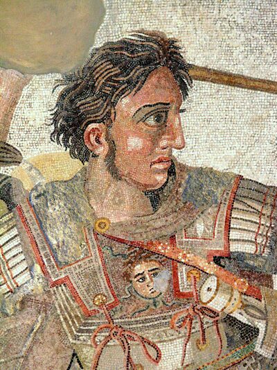Ancient mosaic depicting Alexander the Great in battle